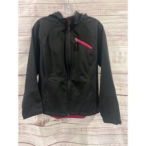Free Tech Girls Softshell Jacket Black Pink Fleece Lined Hooded Size M 8-10